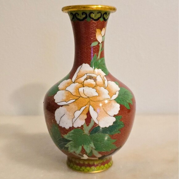 Vintage Antique Chinese Cloisonne Enamel on Brass Red Vase Bird and Flowers - Picture 2 of 8